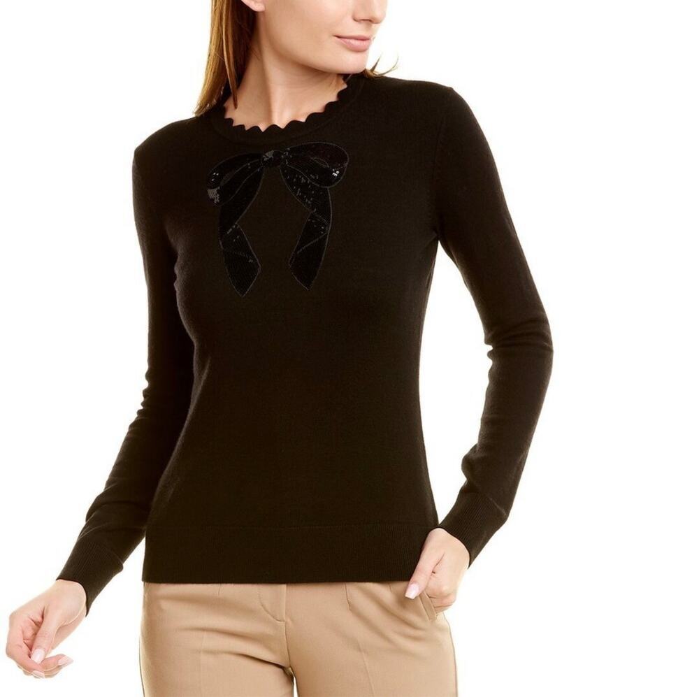Brooks Brothers Black Sequin Bow Wool Blend Sweater Scalloped Neckline Medium